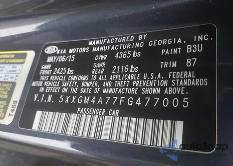 2015 Kia Optima Lx z USA, uszkodzony, nr VIN 5XXGM4A77FG477005